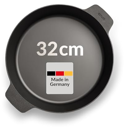 STUR® - Original Cast Iron Pan Induction 32 cm with 2 Handles - Cast Iron Pan for All Hobs - Large Cast Iron Grill Pan without Artificial Non-Stick Coating and Scratch-Resistant - Made in Germany