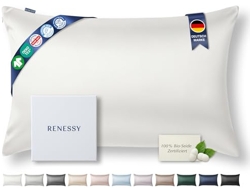 RENESSY Kissenbezug aus 100% Bio-Seide 40x80 cm - 22 Momme Maulbeerseide, Güteklasse 6A, Oeko-Tex zert. in Deutschland - Luxus für Haar und Haut, 1 Stück (Weiß)