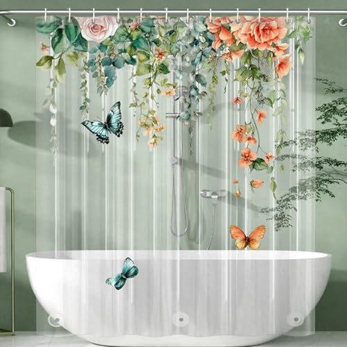 Xlabor Transparent Blumen Duschvorhang 180x200 Antischimmel Wasserdicht Eva Badvorhang mit 12 Haken für Badezimmer Motiv-A