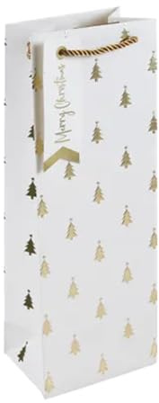Gold Embossed Christmas Tree Large White Gift Bag 33cm – Festive Paper Present Bag with Rope Handles & Name Tag