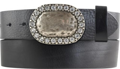 BELTINGER Gürtel aus Vollrindleder mit Rounded Bling-Schließe 4,0 cm | Ledergürtel mit Strass Buckle für Damen Herren 40mm | Leder-Gürtel mit Druckknöpfen 4cm | 130cm