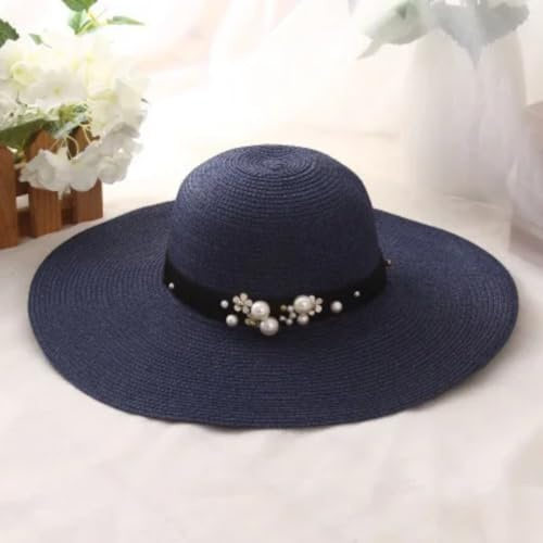 CHENWEIHAI Chapeau Paille Chapeaux De Paille À Large Bord Rond Chapeaux De Soleil pour Femmes Chapeaux De Plage Dame Chapeaux Plats (Bleu Marine)