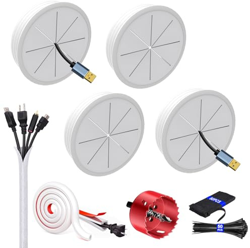 Shackcom Lot de 4 Passe-câble Mural 60mm avec Scie Cloche Kit Gestion des Câbles pour TV Murale Table Bureau- Inclut 3m Gaine Tressée & 2m Cache-câble Auto-adhésif Blanc