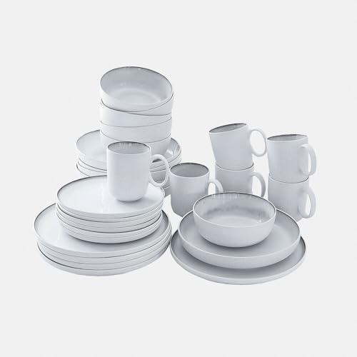 LOBERON Geschirr 30er Set Eiruna - Strukturierte Außenseite - Spülmaschinenfest und Mikrowellengeeignet - Tischaccessoires - Steinzeug, creme