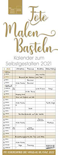 Foto-Malen-Basteln Familientimer gold 2021: Familienplaner mit 4 Spalten als Foto-kalender zum Selbstgestalten. Familienkalender mit Ferienterminen und festem Bastelpapier.