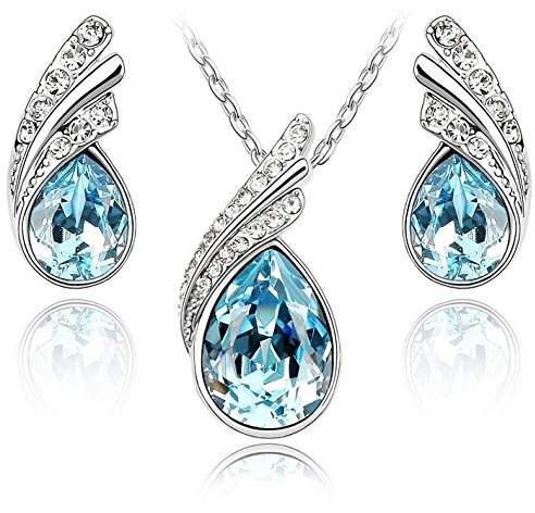 Crystalline Azuria Tropfenform Kristalle Blau Simulierter Aquamarin Schmuck-Set Halskette Anhänger 45 cm Ohrringe 18 kt Weiß Vergoldet
