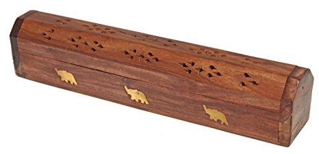 Nag Champa 8904179956415 Porte-Encens pour Bâton/Cône Brûleur avec Moghol Inspirée Éléphant Laiton Incrustation Bois Noir 30,48 cm