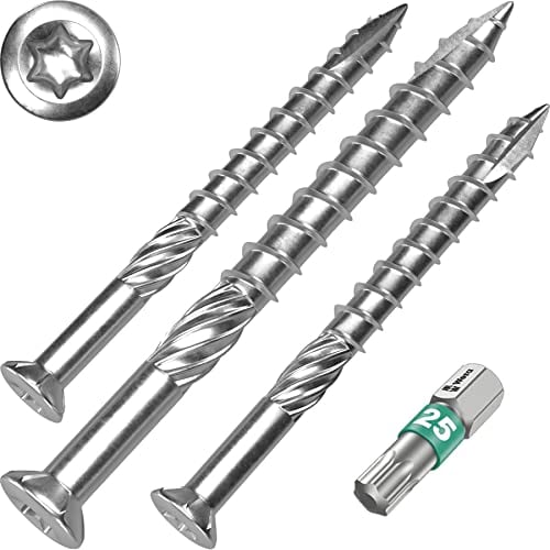 Terrassenschrauben 5 x 60 T-INOX 200 Stück Edelstahl gehärtet C1, Torx 25, inkl. Edelstahl Bit