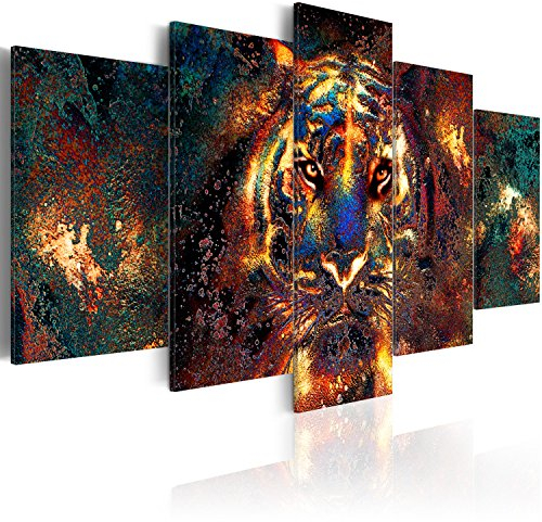 B&D XXL - Leinwandbild Tiger Gesicht Tier, 200x100 cm, 5-teilig, Wohnzimmer