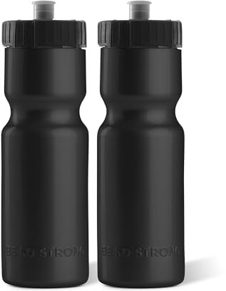 50 Strong Sports Squeeze Water Bottle 2 Pack – 22 oz. BPA Free Easy Open Push/Pull Cap – USA Made (Black)