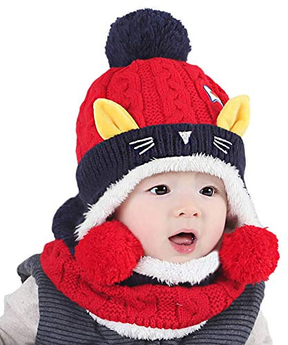 Lazeny Baby Strickmützen Niedlich Katze Kindermützen Wintermütze mit Plush Schal Häkelstrick Winter Warm Hüte Schlupfmütze Gestrickte Kappe Schnee Hut für Mädchen Jungen Kleinkind (6-48 Monate)-Rot