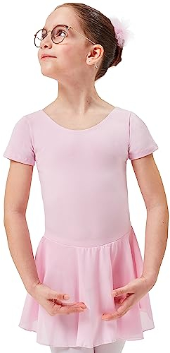 tanzmuster ® Ballettkleid Mädchen Kurzarm - Lucy - Baumwolle - Chiffon Röckchen - Hellrosa 116-122