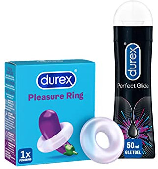 Durex Penisring + Gleitgel auf Silikonbasis für langanhaltende Gleitfähigkeit und längeres Vergnügen mit 1x Durex Pleasure Penisring + 1x Durex Play Perfect Glide 50ml