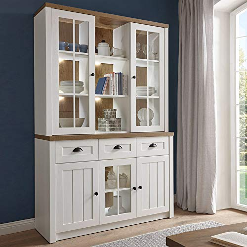 Lomadox Landhaus Buffetschrank Küchenbuffet in Pine weiß mit Eiche hell, inkl. Beleuchtung