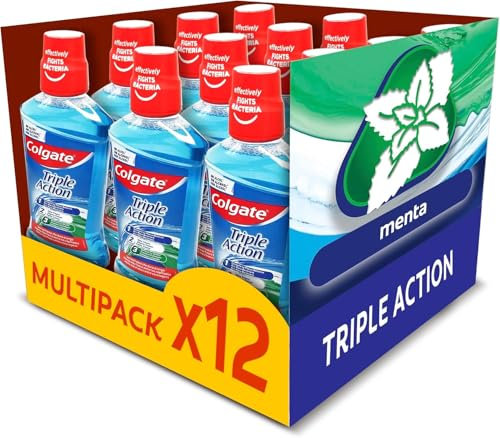 Colgate Triple Acción Enjuague Bucal con Triple Beneficio, Pack 12 Uds x 500ml|Elimina la Placa Bacteriana y Ayuda a Combatir el Mal Aliento, Fortalece el Esmalte, 0% Alcohol, Contiene Flúor