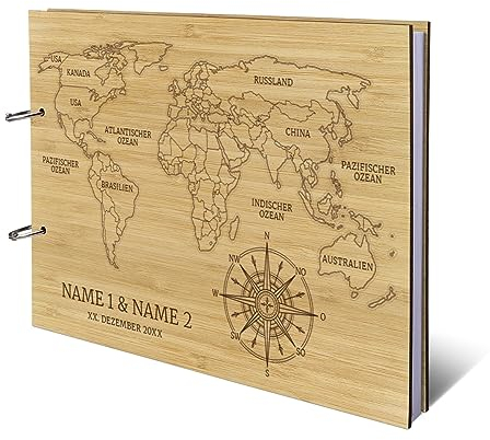 Personalisiertes Hochzeit Gästebuch echtes Holz DIN A4 Hochzeitsbuch mit Lasergravur - Weltkarte - mit 72 Blatt / 144 Seiten Naturpapier Weiß