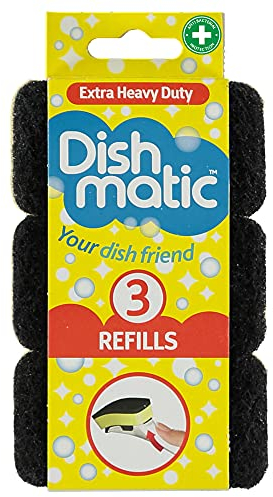 Dishmatic Black Extra Heavy-Duty Washing-Up Sponge Refill Heads with Antibacterial Abrasive – Kitchen Washing-Up Handle Refills – Pack of 3