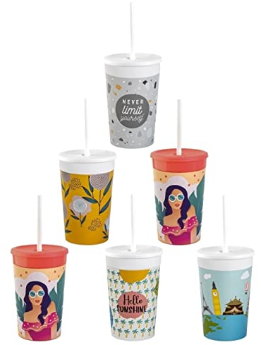 Engelland 6 x Kunststoffbecher mit Deckel und Strohhalm, BPA-frei, Bunte Mischung, Trinkbecher, Party-Becher, Plastik, Trink-Gläser, Mehrweg, 0,33 Liter