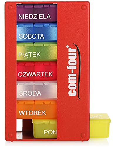 COM-FOUR® Medikamentendosierer auf POLNISCH - Medikamenten-Box für 7 Tage - 3 Fächer - Pillendose - Pillenbox - Tablettenbox - Wochendosierer zur Aufbewahrung [POLNISCH] (Rot)