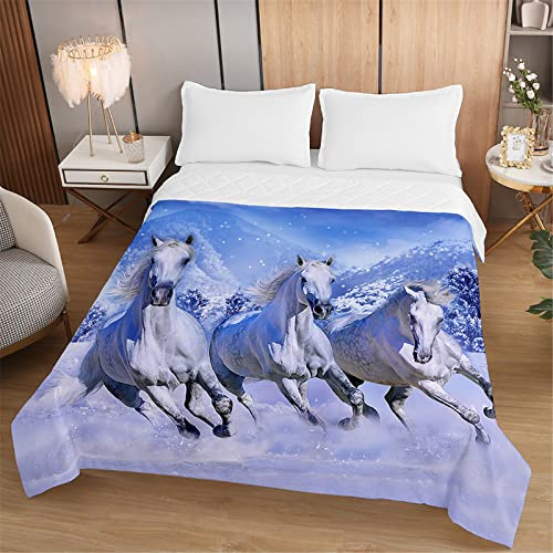 Oduo Trapuntino Copriletto Trapuntato Matrimoniale Singolo, 3D Stampa Cavallo Coperta Letto Morbida Microfibra Trapunta Primaverile Estivo Copri Letto per Camera da Letto (Cavallo Neve,180x220cm)