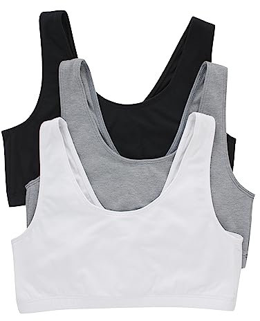 Hanes Women's Pack, Cotton Scoopneck Bralette, Low-Impact Sports Bra, 3-Pack, Opaque, Black/Concrete Heather/White, L (Pack of 3)