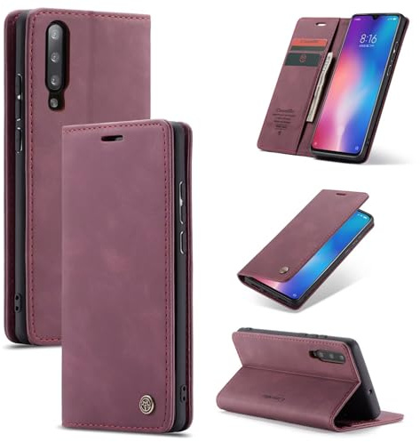 SLWYF Handyhülle für Xiaomi Mi 9 Hülle Premium Lederhülle Klappbar Flip Case Tasche Magnet Kartenfach Standfunktion Klapphülle Schutzhülle für Xiaomi Mi 9, Rot