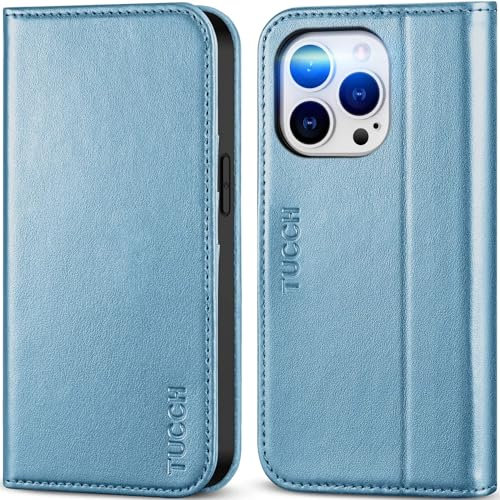 TUCCH PU Leather Case for iPhone 14 Pro (6.1) 2022 5G, Wallet Folio Phone Cover with[Kickstand][Shockproof TPU][RFID Blocking][Credit Card Holders] Compatible with iPhone 14 Pro, Shiny Light Blue