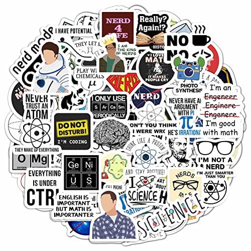 BulbaCraft 100Pcs Nerd Stickers, Cool Nerd Gifts for Men, Nerdy Stickers for Laptop, Science, Math, Physics, History Decals, Gifts for Women & Men