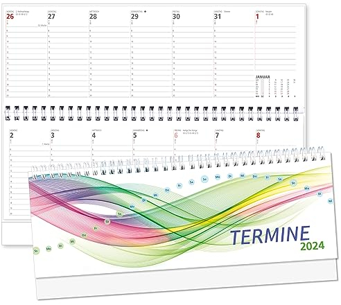 Bürokalender quer 2025 Welle bunt Spiralkalender Schreibtischkalender Tischquerkalender Tischkalender quer Sonn- und Feiertage Rot 1 Woche je 1 Seite 64 Seiten