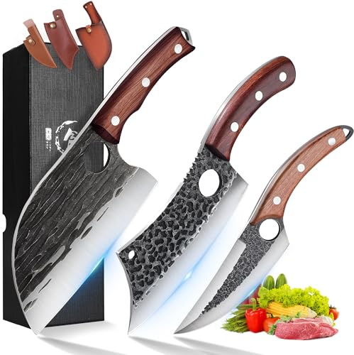 ROCOCO 3-teiliges Metzgermesser-Set zum Schneiden von Fleisch, serbisches Kochmesser, Wikinger-Ausbeinbeißmesser mit Scheiden, für Küche, Outdoor, Grillen, Camping, Geburtstag, Erntedankfest,