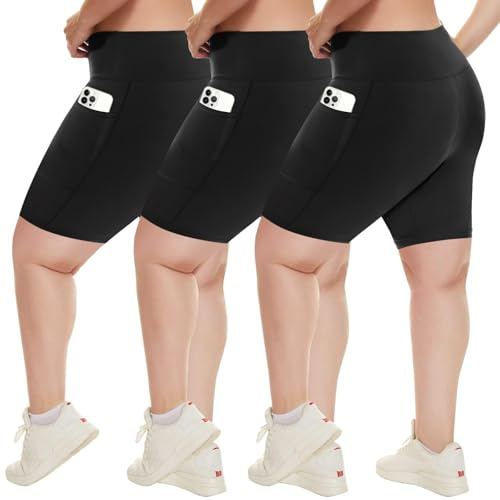 HLTPRO 3 Pack Plus Size Biker Shorts with Pockets for Women - 8 High Waisted Spandex Athletic Bike Shorts for Yoga Workout