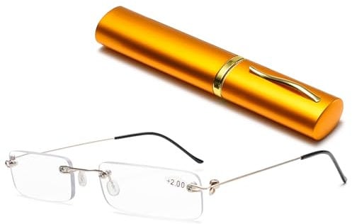Lanomi Mini rahmenlose Lesebrille Blaulichtfilter Schmal Damen Herren Ultraleichte Rechteck Randlos Lesehilfe Klein Brille mit MetallEtui Gold 2.0