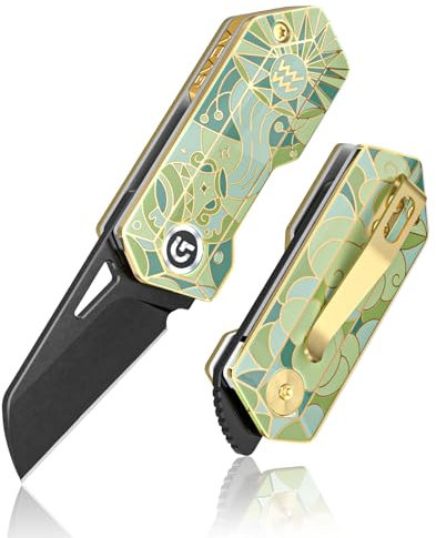 GVDV 9Cr18 Edelstahl Horoskop Taschenmesser Front Flipper, Kleine Klappmesser Einhandmesser mit Emaille-Imitation Griff, EDC Outdoor Survival Messer für Männer Frauen, Wassermann