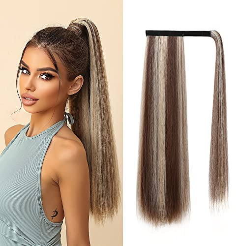 OUFEI Pferdeschwanz Ponytail Extension Blond Braun gemischt Lang Gerade Synthetisch Extensions Zopf Klettverschluss Natural Pferdeschwanz Haarteil für Damen-24Zoll