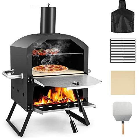 GOPLUS Horno de Pizza al Aire Libre con 31cm de Piedra, Calentador de Pizza con 2 Niveles y Patas Plegables, Horno de Pizza de Acero Inoxidable para Barbacoa, Horno de Leña Carbón Hasta 605ºC