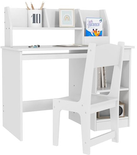 ZONEKIZ Bureau Enfant avec Chaise Ergonomique, Table Enfant et Chaise avec 2 tiroirs, étagères Ouvertes et niches, Table pour l'étude, Le Travail et l'écrire, 90 x 45 x 90 cm, Blanc