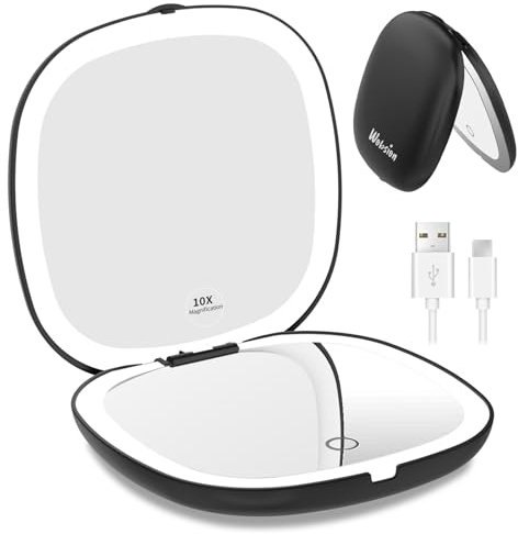 wobsion Travel Mirror with Light for Makeup, 1x/10x Magnifying Compact Mirror for Handbag, Rechargeable Led Pocket Mirrors, 2-Side Dimmable Handheld Mirrors, 10cm, Gifts for Women, Black