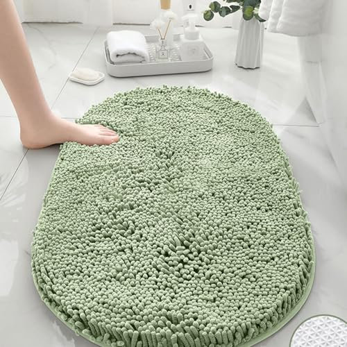 Mateju Tapis de Bain Antidérapant, Ovale Tapis Salle de Bain Absorbant en Microfibre Chenille Tapis de Douche, Doux et Confortable Tapis de Sol Lavable (40x60CM,Vert Clair)