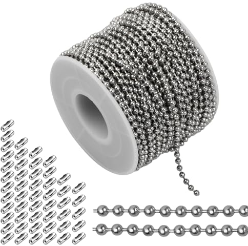 HoaaiGo 20 Meter Ketten Halsketten, DIY Link Kette, 2,4 mm Kugelkette Edelstahl Perlen Rollenkette Halskette, Gliederkette Silber mit 50 Kugelketten Verbinder, Edelstahlkette auf Rolle