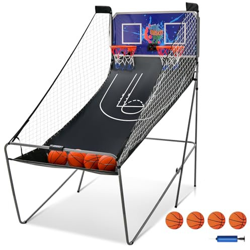KOMFOTTEU Basketballautomat klappbar, elektronische Basketballwurfmaschine mit 2 Basketballkörbe, Basketball Schießmaschine inkl. 4 Bälle & Pumpe, Basketballkorb mit Ständer Punktezähler (Blau)
