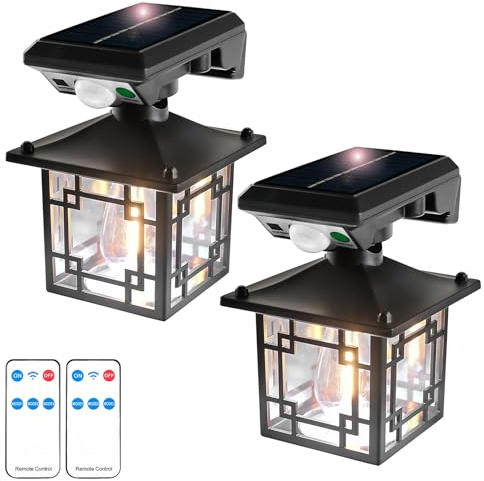T-SUN 2 Stück Solarlampen für Außen, Vintage Solar Wandleuchte Aussen mit Bewegungsmelder, 3 Modi IP65 Wasserdicht Außenlampe mit Fernbedienung für Garten Veranda Pfad Garage Garten Zaun, 6000K