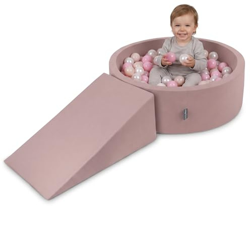 KiddyMoon Aire de Jeux en Mousse avec Piscine à Balles 90x30cm et Rampe 200 Balles 7cm pour Bébés et Enfants - Bruyère: Beige Pastel Rose poudré Perle