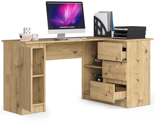 BDW Eckschreibtisch Rechts, 3 Schubladen und 4 Einlegeböden, viel Platz zum Ausbreiten, für Jugendzimmer, Büros und Ateliers, Computertisch, Arbeitstisch, Bürotisch, 155x77x90, Eiche Artisan