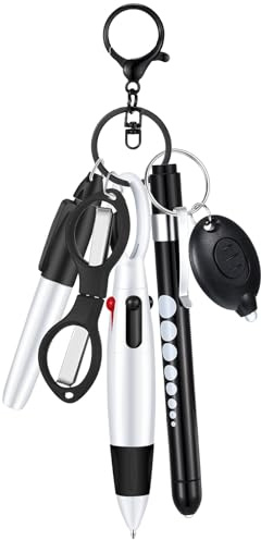 MotiMind 6 Pcs Nurse Pen Set Include Permanent Marker Pen Retractable Ballpoint Pen Keychain Clip Foldable Scissors Lights LED Flashlight Keychain for Nurse Accessories(Black)