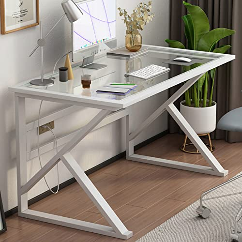 BOKNI Moderner Home-Office-Schreibtisch aus gehärtetem Glas, Computertisch, multifunktionaler Schreibtisch, Arbeitstisch mit Tischplatte aus klarem Glas, 47 Zoll