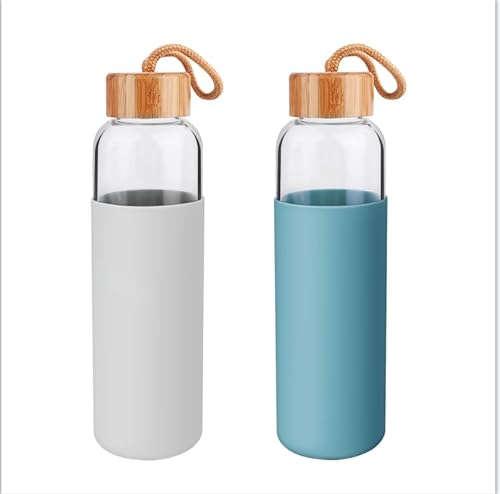 Lily's Home Borosilicate Glass Water Bottles Set of 2 - Glass Water Bottle Set. 18 oz Glass Bottles with Lids (Bamboo, Leakproof Seal), BPA Free, Silicone Sleeves to Avoid Drops & Bumps