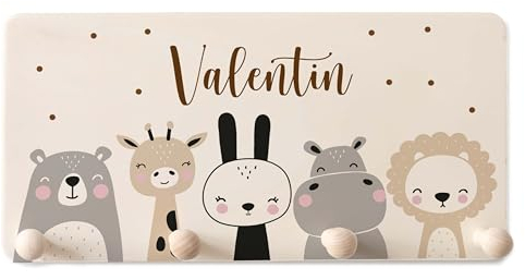 Kidsmood Kindergarderobe Personalisiert mit Namen, Kinderzimmer Möbel aus robustem Holz, Garderobenleiste Kinder, Baby Garderobe für Babyzimmer mit 4 Kleiderhaken Wand-Montage [40x20x1,5 cm]