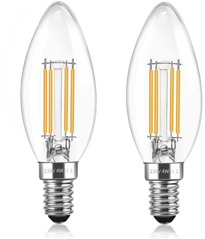 2 Pack E14 LED Candle Light Bulbs, 4W Equivalent 40W, 400LM Warm White 2700K, SES Small Edison Screw E14 C35 Candle Bulbs, AC 220-240V, Non Dimmable, Clear LED Filament Bulbs for Chandelier