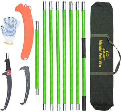 Grefinity Scie à perche manuelle de 7,6 m, coupe-branches d'arbre avec manche en fibre de verre à 8 sections, lame tranchante en acier, design extensible léger pour couper les branches hautes, idéal
