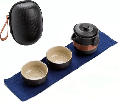 Portable Travel Ceramic Tea Set Chinese Kung Fu Teapot with 1 Pot 2 Cups All in One Gift Bag for Travel, Home, Picnic, Outdoor and Office